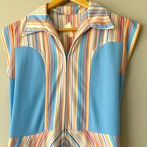 Colourful 1970 vintage blue striped dress